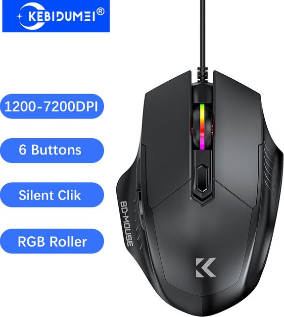 KEBIDUMEI Ergonomische Gaming-Maus mit Kabel und 6 Tasten, 7200 DPI, USB-Anschluss für Windows und MacOS - Bild 1