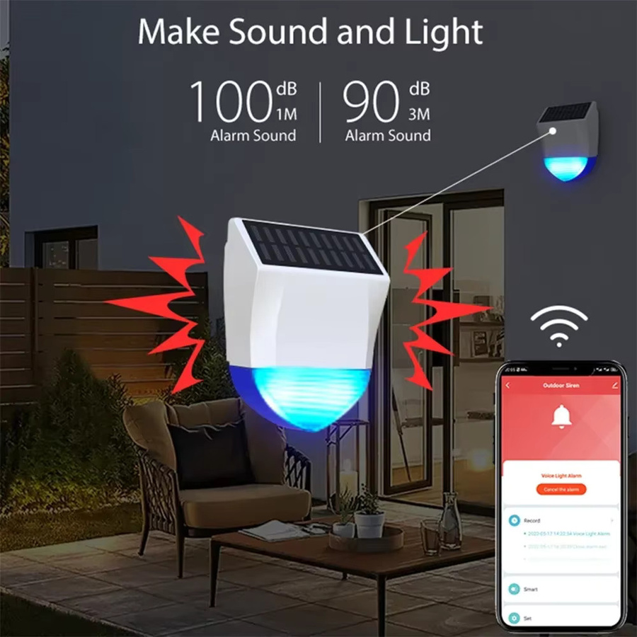 Tuya Smart Sirenenalarm für den Außenbereich, wasserdicht, mit Solar- und USB-Stromversorgung, 95 dB, Farbe: Weiß - Bild 5