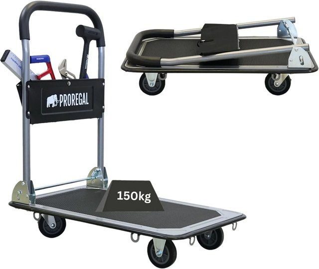 PROREGAL Klappbarer Profi-Transportwagen RHINO 150 in Schwarz mit Werkzeugtasche, 6 Sicherungsösen und Vollgummibereifung, Traglast 150kg - Bild 1
