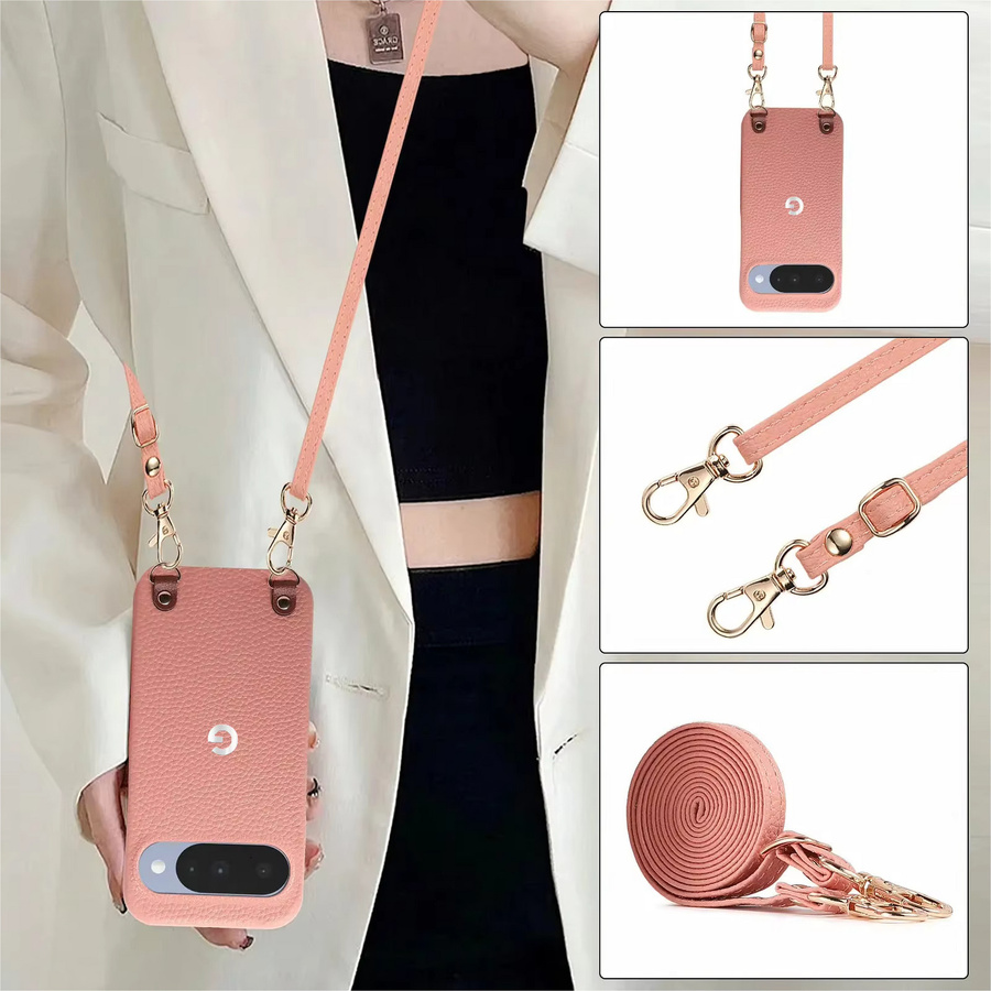 Premium Lederhülle mit Lychee-Muster für Google Pixel 11 Pro 10 9 Pro XL 8 10A 9A 8A als Crossbody Lanyard Halbschutz-Cover in Schwarz und Pink - Bild 1