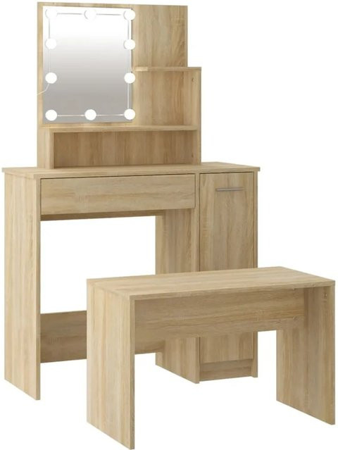 vidaXL Schminktisch-Set mit LED Hollywood-Spiegel in Sonoma Eiche, Farbe Braun, B/T/H: 136,0 x 76,7 x 35,0 cm - Bild 1