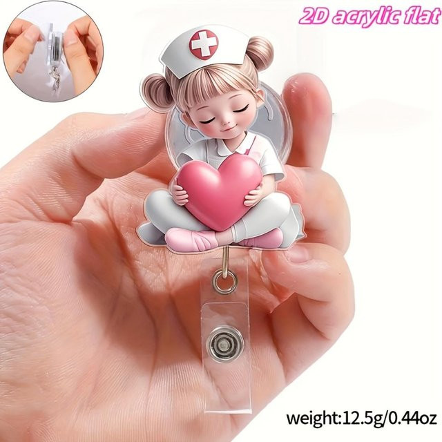 Forest Sunshine Home Ausziehbarer Ausweisclip aus Acryl mit Rosa Herz-Design in Pink und Beige für Krankenschwestern und Medizinstudenten - Bild 1