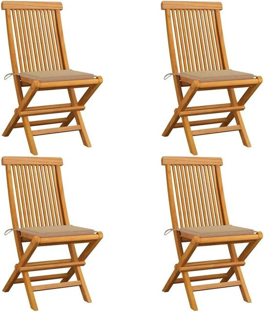 vidaXL Gartenstuhl-Set aus Teak Massivholz mit beige Kissen, 4 Stück - Bild 1