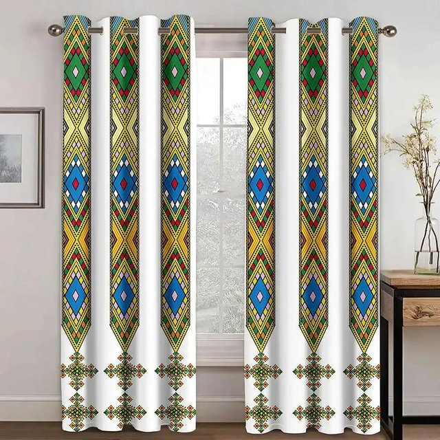Traditionelles äthiopisches und eritreisches Vorhang-Set mit Tilet-Design aus Polyester, weiß, B: 70 cm, H: 245 cm, 2 Stück - Bild 1