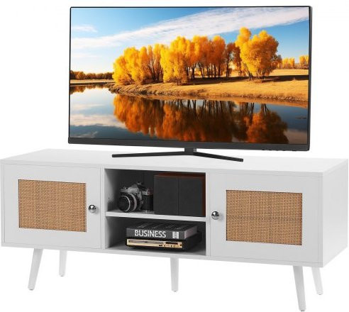 VEVOR Rattan TV-Ständer im Boho-Design mit verstellbaren Regalen und 2 Türen, Weiß - Bild 1