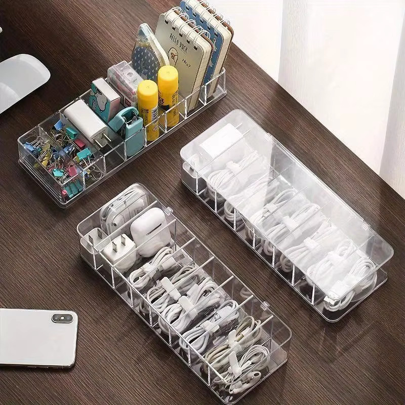 Multifunktionaler Schreibtisch-Organizer aus transparentem Kunststoff mit mehreren Fächern für Kopfhörer und Datenkabel - Bild 3