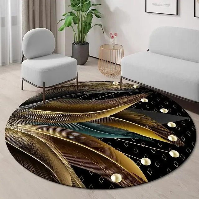 Runder Teppich Karpetti mit goldenem Ginkgoblatt Design, abstrakt und geometrisch, rutschfest, Durchmesser: 100 cm - Bild 1