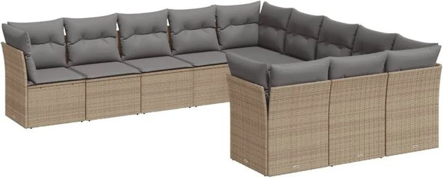 vidaXL 11-tlg Garten-Sofagarnitur in L-Form aus Poly-Rattan mit Kissen und Stauraum, Beige - Bild 1