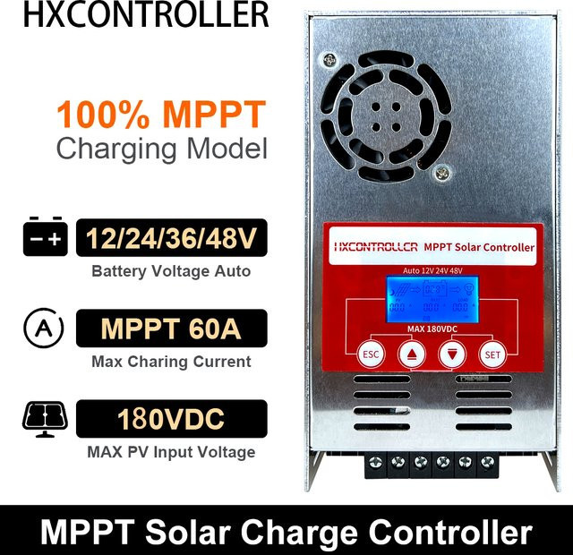 HXCONTROLLER MPPT Solar Panel Laderegler 60A mit Lüfter für 12V 24V 48V Solar-Systeme, 2800W 180VDC, Farbe: Rot/Silber - Bild 1