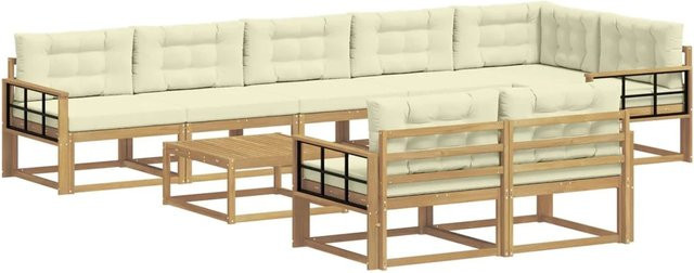 vidaXL Outdoor-Sofagarnitur aus Akazienholz in L-Form, 9-teiliges Set in Weiß und Beige mit Polsterkissen, B/T/H: 79 x 79 x 37 cm - Bild 1