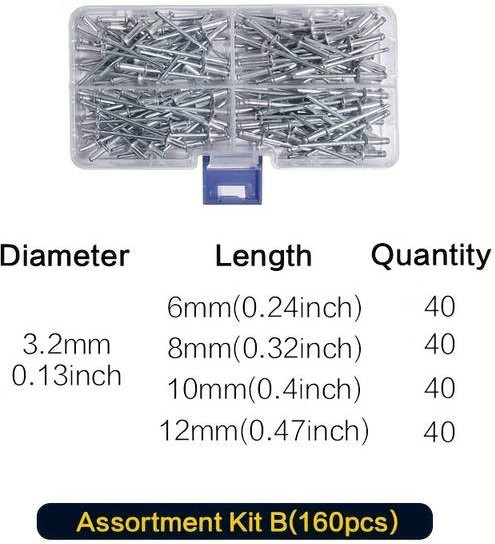 YISEONG Pop-Nieten-Sortiment-Set aus Aluminium mit Organizer, 160 Stück in 8 Größen, Blindnieten für Metall - Bild 1