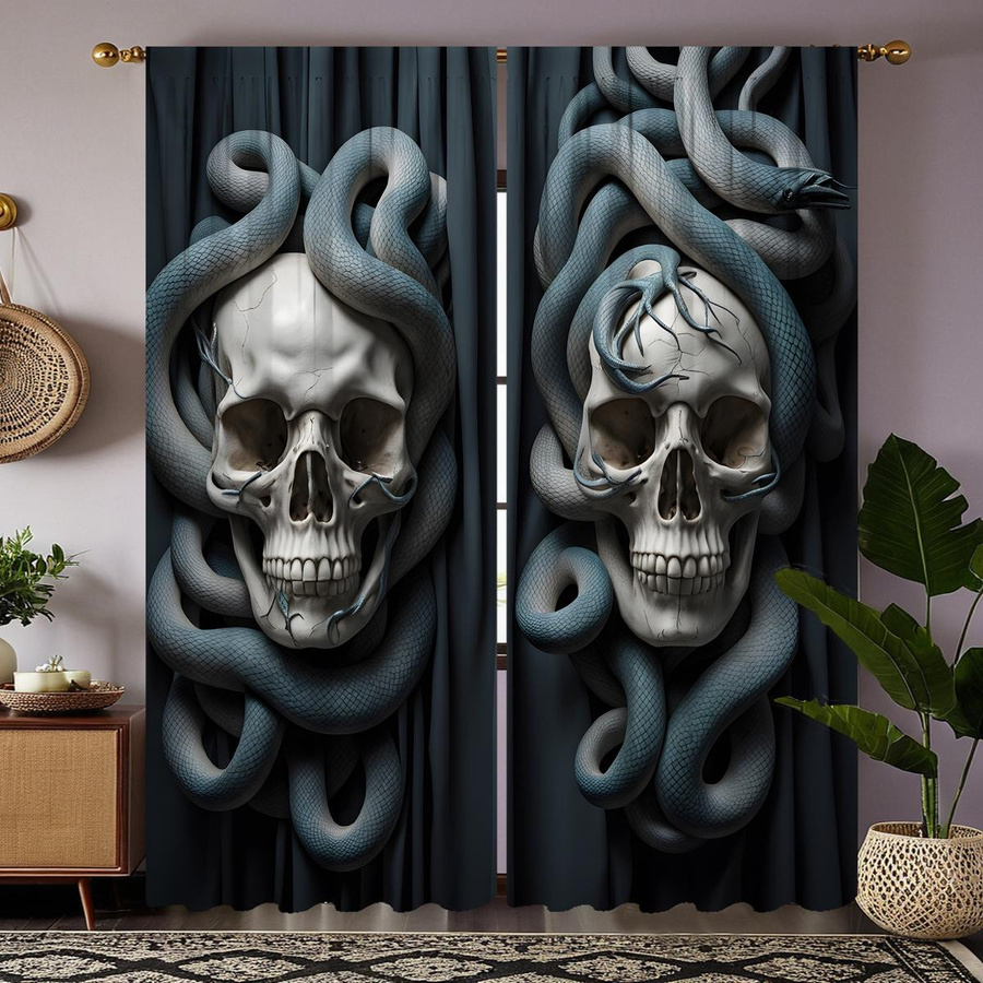 2er-Set dekorative Vorhänge mit Schlange und Totenkopf-Motiv in Schwarz, B: 132 cm, H: 160 cm - Bild 4