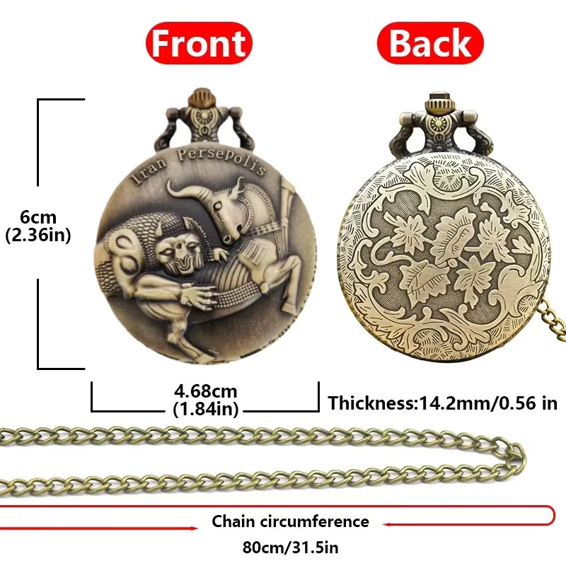 Wecin Taschenuhr Halskette, Bronze, Quarz, Löwen- und Stiermotiv, Unisex - Bild 5