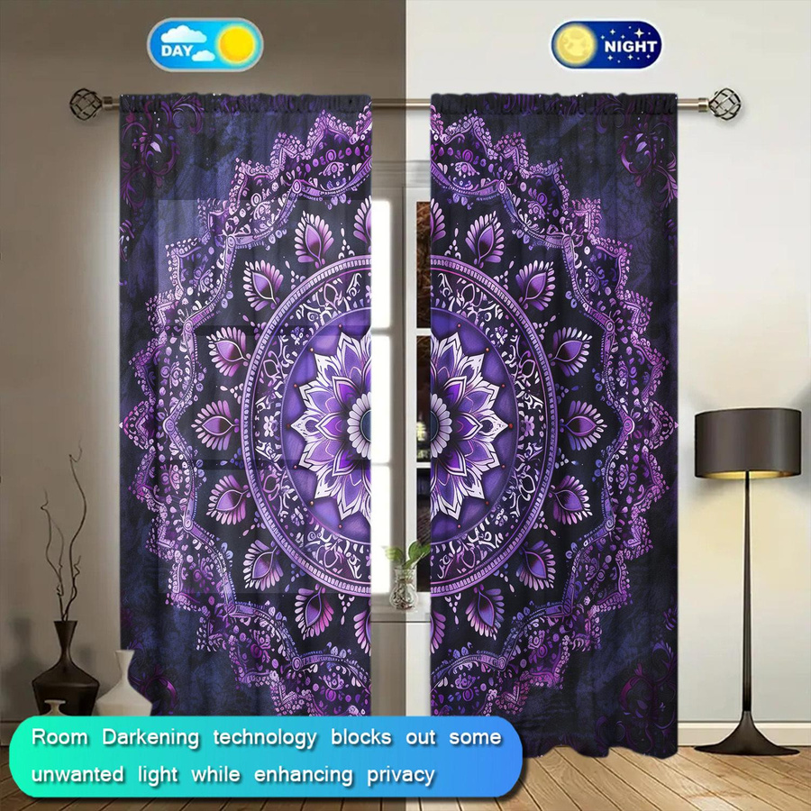 2er-Set Mandala Vorhang von Household supplies MH in Lila und Schwarz, halbtransparent mit Stangentasche, B: 52,5 cm, H: 116 cm - Bild 2