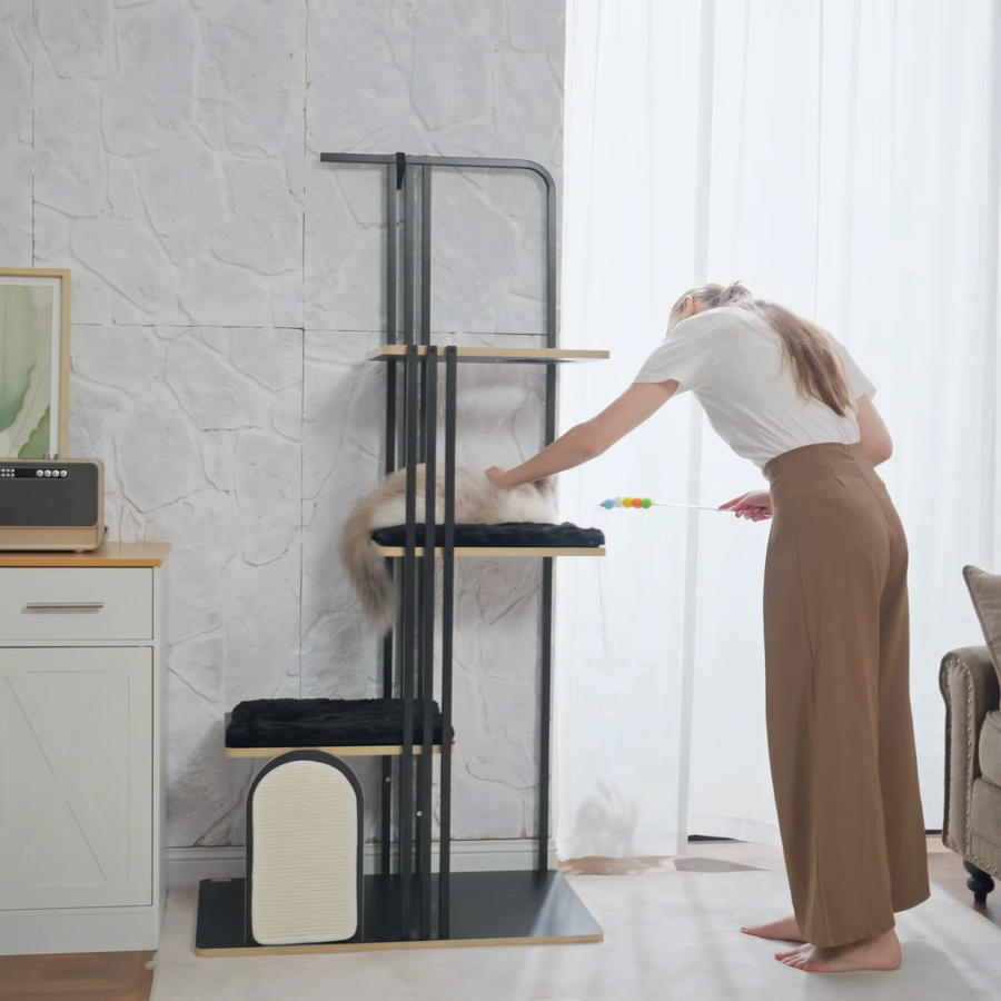 Svintora Katzen-Kratzbaum im Industrial Design mit Metallrahmen, drei Holzplattformen, zwei Plüsch-Liegematten und Sisal-Kratzwand in Schwarz Matt - Bild 3