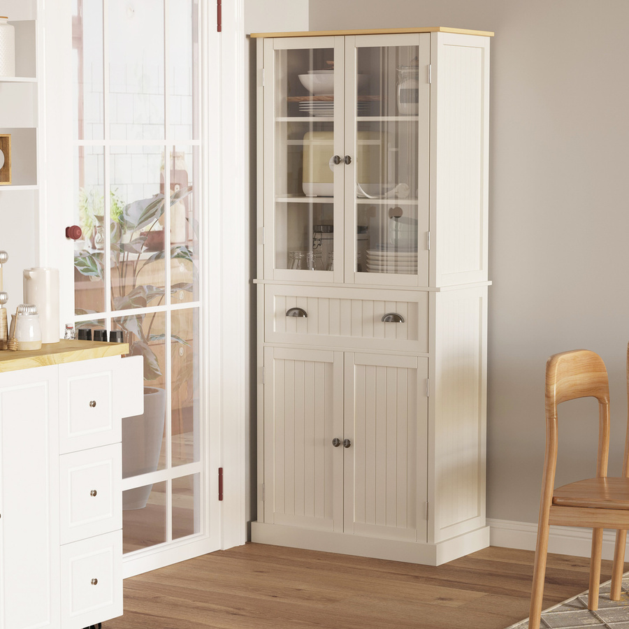 Aosom Küchenschrank im Landhausstil mit Schränken, Schubladen und Glastüren, Weiß, B/T/H: 76 x 40 x 182,5 cm - Bild 2
