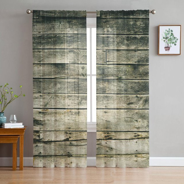 Retro Sheer Vorhänge mit Holzmaserung aus Polyester in Grau, Breite: 135 cm, Höhe: 115 cm - Bild 1