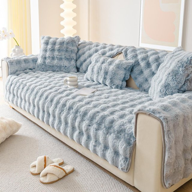 Weicher Kaninchen-Plüsch Sofabezug aus Fleece in Blau, B/H: 70 x 70 cm - Bild 1