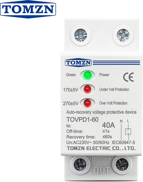 TOMZN Überspannungs- und Unterspannungsschutzgerät 40A 230V für die DIN-Schiene mit 3 LEDs und automatischer Wiedereinschaltung in Weiß - Bild 1
