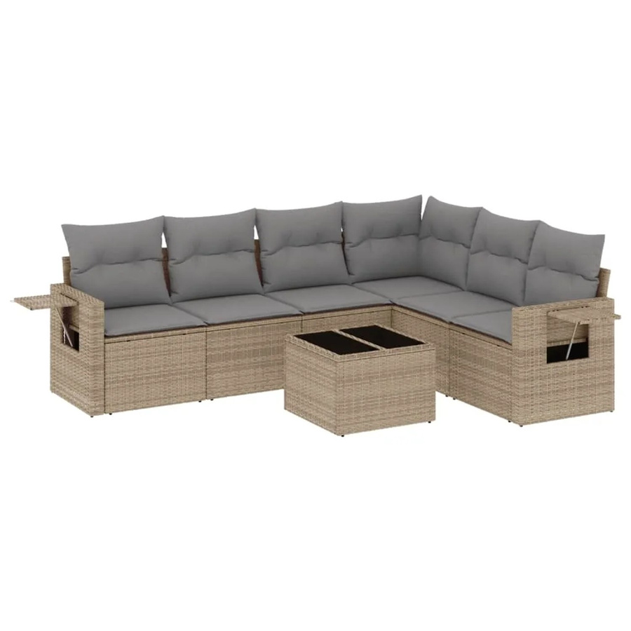 vidaXL 7-teilige Garten-Sofagarnitur in L-Form aus Poly-Rattan mit Kissen in Beige-Grau - Bild 2
