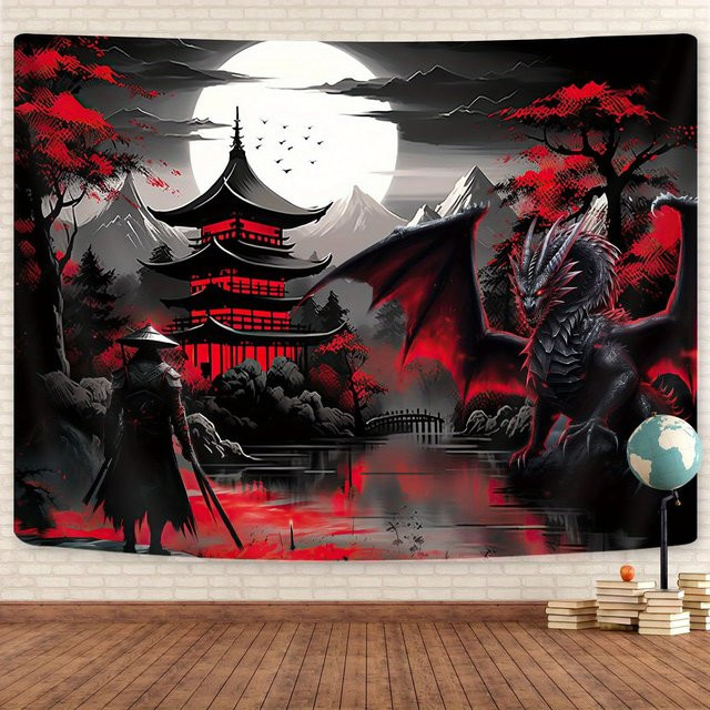 VIKAMA Oriental Dragon Soul Wandteppich mit Vollmond und Tier-Motiven in Multicolour, B/H: 60 x 40 cm - Bild 1