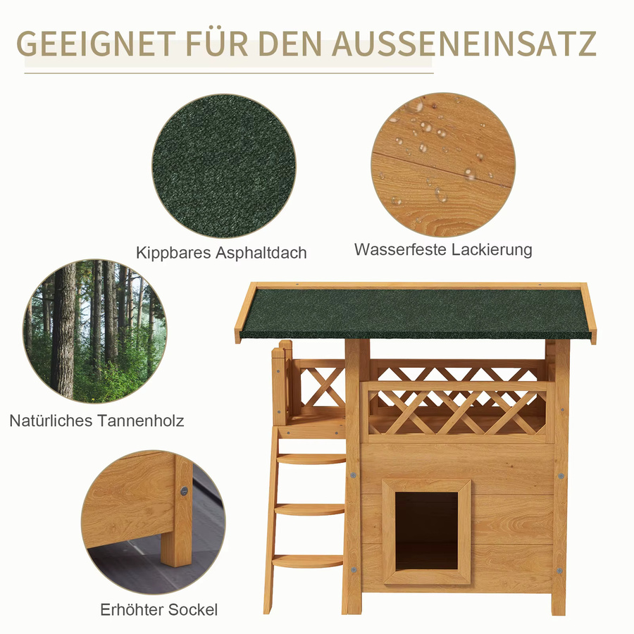 PawHut Katzenhaus aus Fichtenholz mit Asphaltdach in Weiß, wetterfest, B/H/L: 50 x 73 x 77 cm - Bild 5