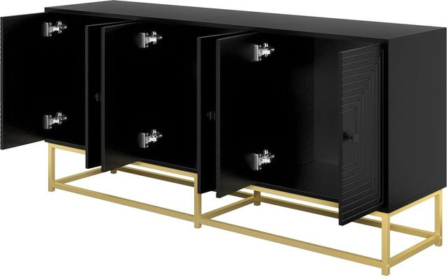 okwish Sideboard modern mit Doppeltüren für Wohnzimmer und Büro, Schwarz, B: 180 cm, T: 40 cm, H: 80 cm - Bild 1