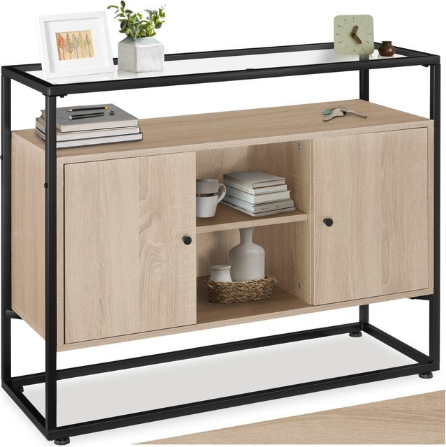tectake Sideboard Industrial Style in Braun und Schwarz mit Glasplatte, offener Ablage, 2 Staufächern mit Magnettüren und 3 Einlegeböden, B/T/H: 100 x 38 x 80,5 cm - Bild 1