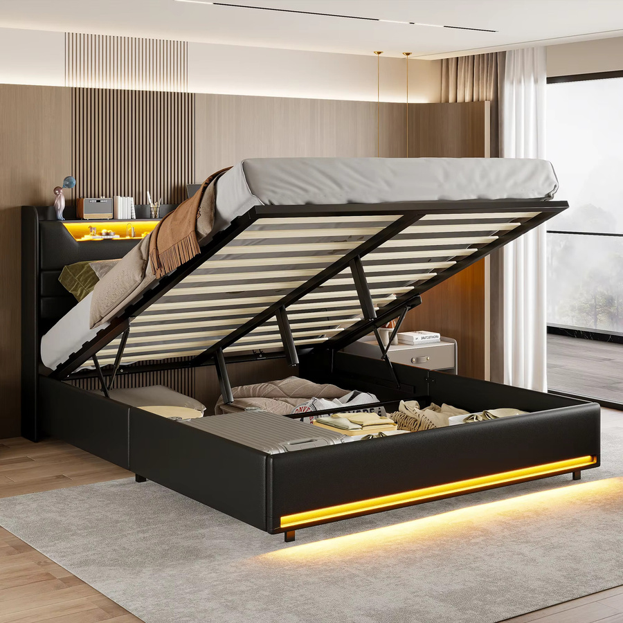 Rosahqnda Gepolstertes Doppelbett in Schwarz mit Stauraum und Kopfteil, B/T: 140 x 200 cm - Bild 2