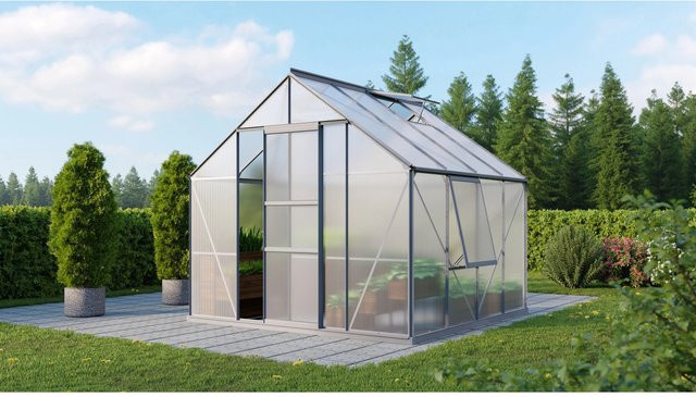 Vitavia Gewächshaus Meridian 1 mit Aluminiumrahmen und Polycarbonat-Verglasung in Silber, inklusive Einfachschiebetür, Seitenfenster, Dachfenster und Regenrinnen - Bild 1