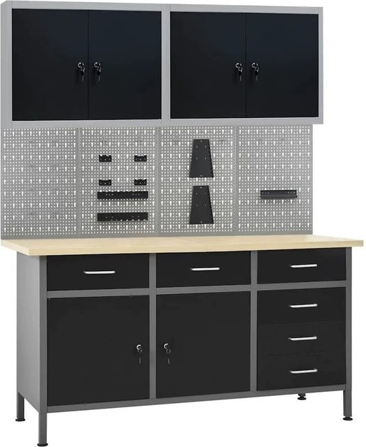 vidaXL Werkbank mit 4 Werkzeugwänden und 2 Wandschränken in Schwarz und Grau, höhenverstellbar, B: 160 cm, H: 85 cm, T: 60 cm - Bild 1