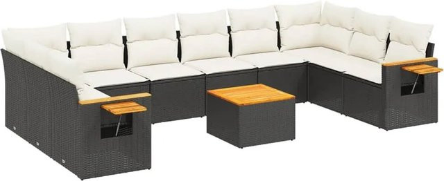 vidaXL 11-tlg. Garten-Sofagarnitur aus Poly-Rattan und Akazienholz in Schwarz mit Kissen - Bild 1