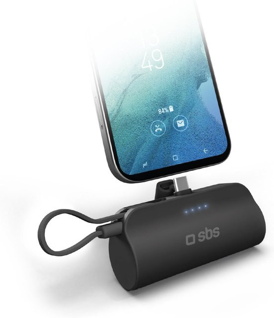SBS Powerbank mit 5000mAh, integriertem USB-C Kabel und Standfunktion, Schwarz - Bild 1