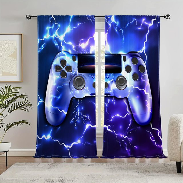 2-teiliges Gaming-Vorhang-Set für Kinder und Gamer in Grün und Blau mit Game-Controller-Motiv, Breite: 135 cm, Höhe: 165 cm - Bild 1