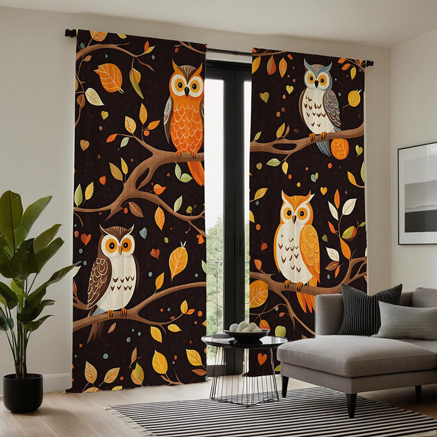 2er-Set dekorative Vorhänge mit Eulen-Motiv in Schwarz und Multicolour, digital bedruckt, B: 132 cm, H: 160 cm - Bild 4
