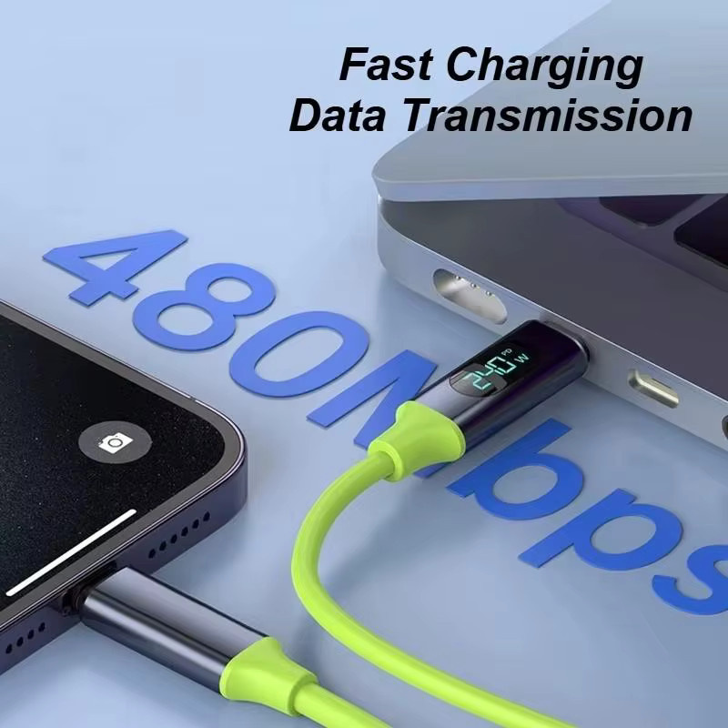 Grünes USB-C-Ladekabel mit Silikon-Digitalanzeige und 240W Schnellladefunktion für iPhone 15 16, Xiaomi, Samsung und Huawei - Bild 2