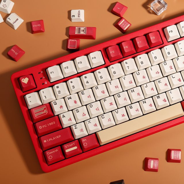 TROVANCO Retro Tastenkappen Set mit Koreanischem Hangul, PBT Material, FC Profil für MX Switches, Rot Weiß Braun, 120 Tasten - Bild 1