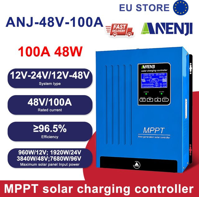 ANENJI MPPT 100A Solar Laderegler mit LCD für 12V, 24V und 48V Blei-Säure- und Lithium-Batterien in Blau - Bild 1