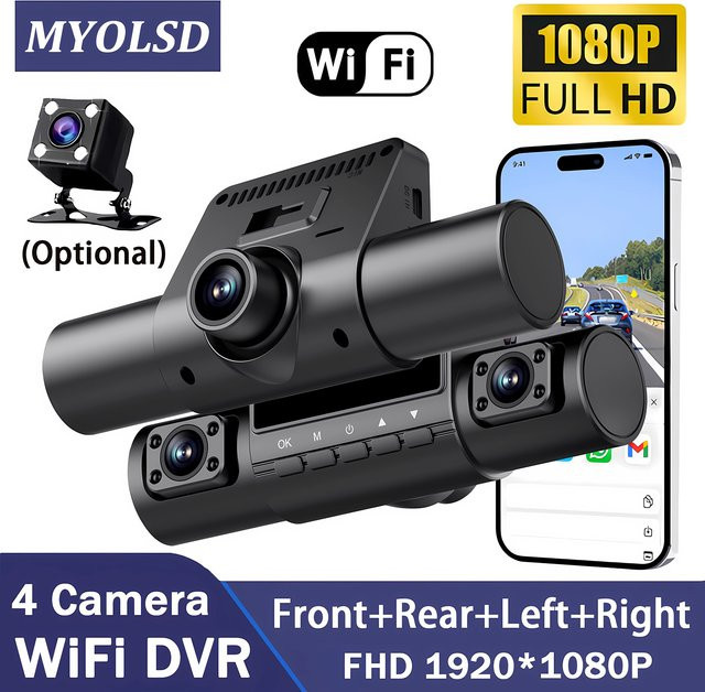 MYOLSD 4-Kanal Dashcam mit 360-Grad-Funktion, 1080P Full HD Auto-DVR mit WLAN, Frontkamera, Rückfahrkamera und Nachtsicht, Schwarz - Bild 1