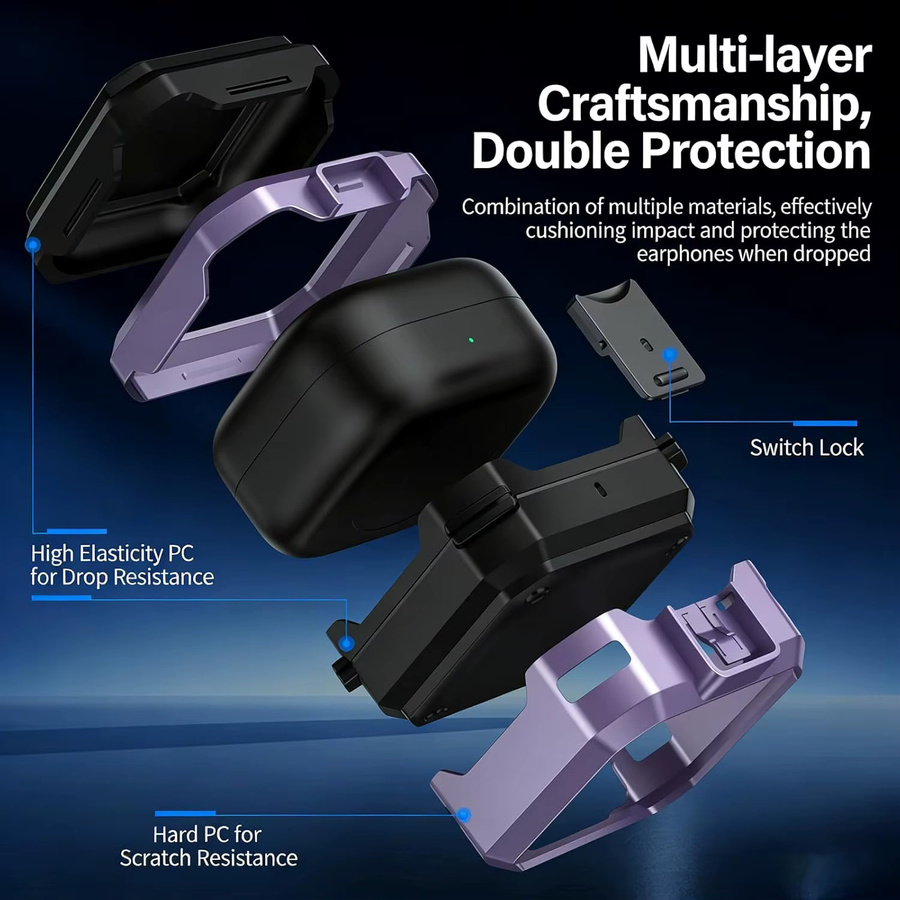 Schutzhülle für Samsung Galaxy Buds 4 Pro und Buds 4 mit Sicherheitsverschluss aus TPU+PC und Schlüsselanhänger in Schwarz - Bild 2