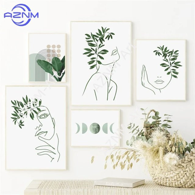 Potdemiel Leinwandbild mit grünen botanischen und abstrakten Linienkunst-Motiven im Boho-Stil - Bild 1