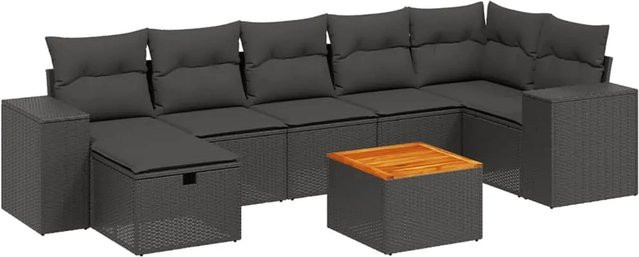 vidaXL 8-tlg Garten-Sofagarnitur aus Poly-Rattan und Akazienholz in Schwarz mit Kissen - Bild 1