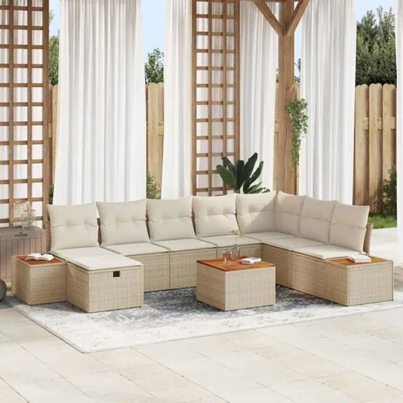 vidaxl Garten-Sofa-Set aus Polyrattan mit 9 Kissen in Beige, modernes Loungemöbel-Set - Bild 1