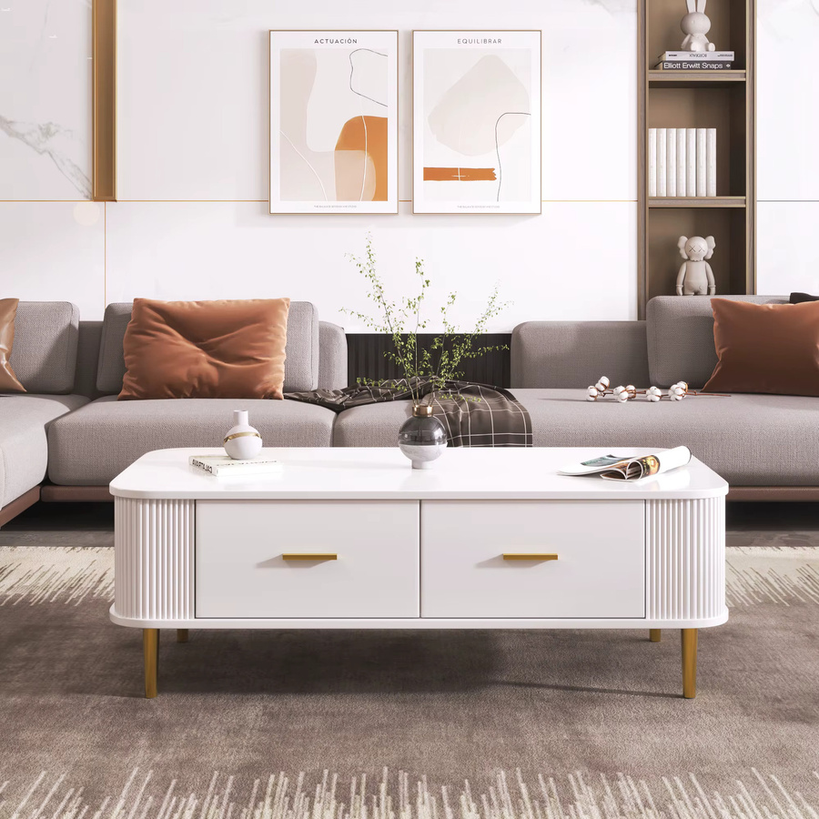 Svintora Couchtisch in Weiß mit goldenen Beinen, moderner rechteckiger Beistelltisch mit gerippter Oberfläche und Schubladen für dein Wohnzimmer - Bild 2