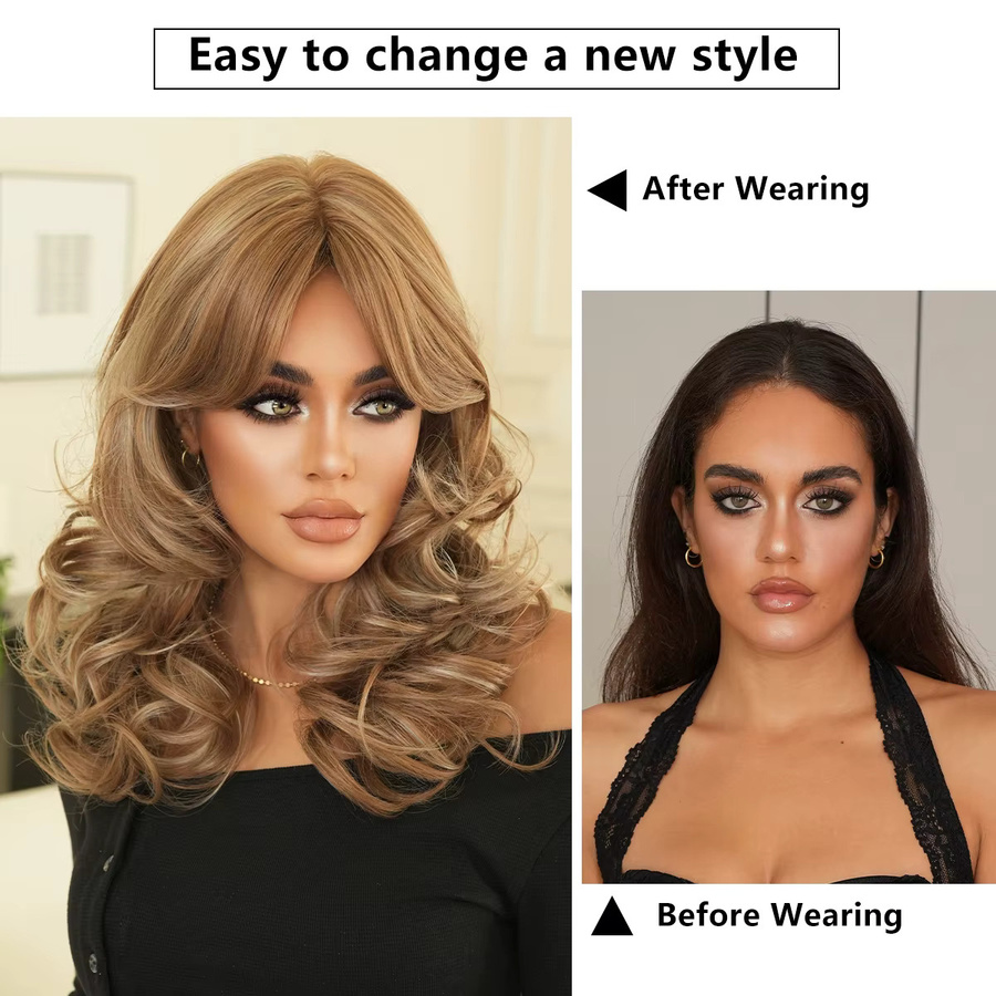 NAMM Perücke, lange wellige hellblonde Synthetikfaser mit Beige-Highlights, Damen - Bild 3