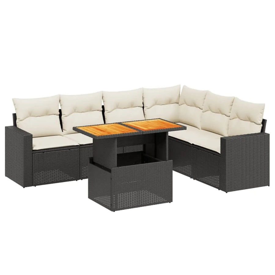 vidaXL 7-teilige Garten-Sofagarnitur aus Poly-Rattan und Akazienholz in Schwarz-Creme mit Kissen - Bild 2