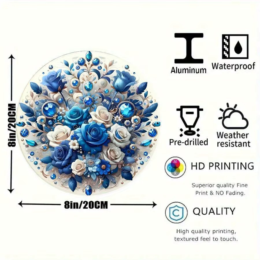 Potdemiel Blue Rose Metall-Wanddekoration in Blau, runde florale Wandgestaltung für den Eingangsbereich und das Badezimmer, Durchmesser: 20 cm - Bild 3