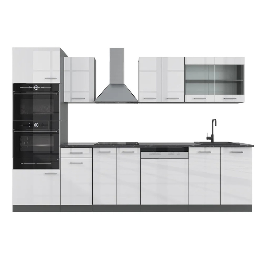 Vicco R-Line Küchenzeile in Weiß Hochglanz und Anthrazit mit Hochschrank, Breite: 300 cm - Bild 1