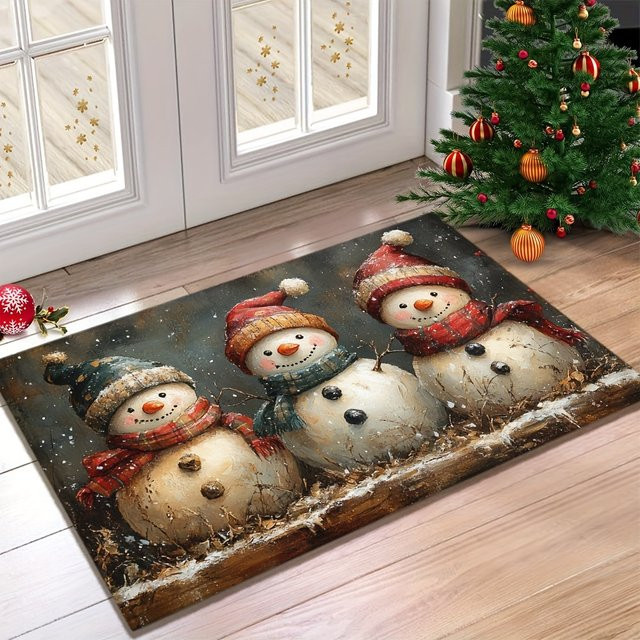 VIKAMA Weihnachtsteppich Schneemann rund, waschbar, Mehrfarbig - Bild 1