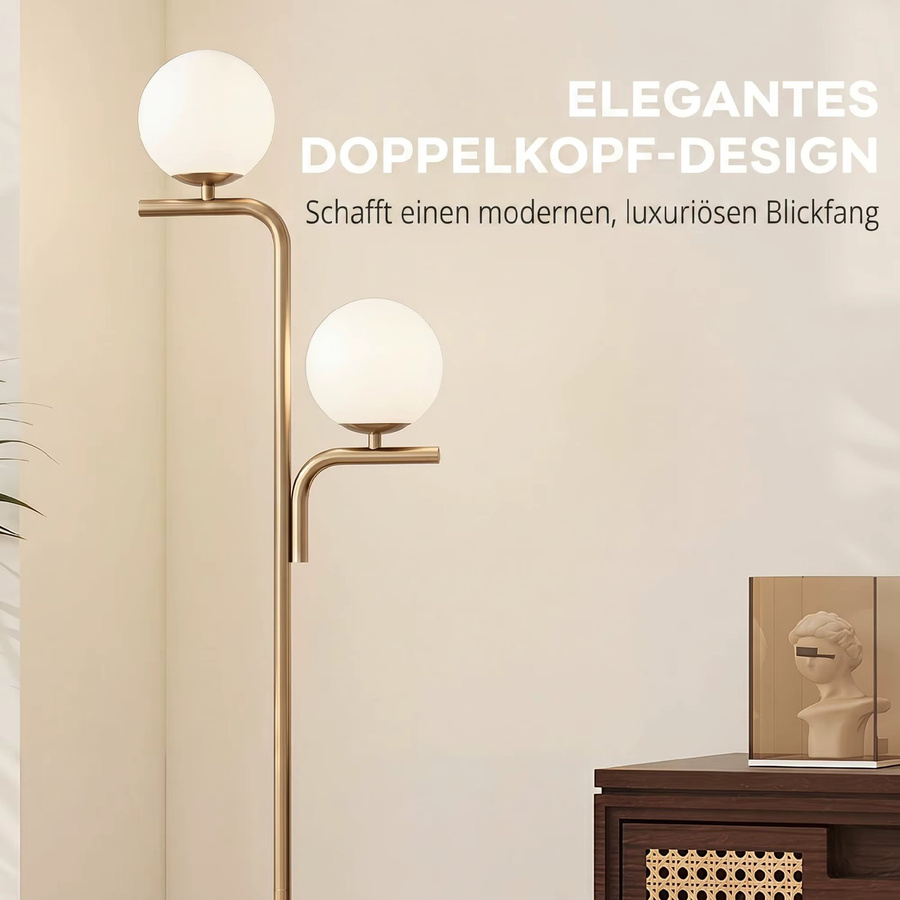 HOMCOM LED Stehlampe in Gold mit Glaskugelschirmen, dimmbar mit 3 Farbtemperaturen und Fußschalter, moderne Stehleuchte für Wohnzimmer, Schlafzimmer oder Büro - Bild 3